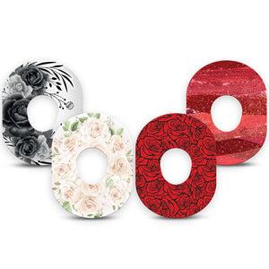 ExpressionMed Crimson Bloom Variety Pack Dexcom G7 and Dexcom Stelo Glucose Biosensor System, 4-Pack Tape Red white roses Fixing Ring Tape for Continuous Glucose Monitor