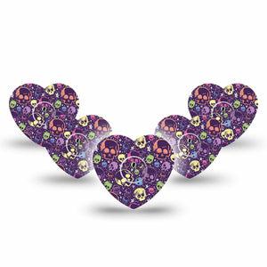 ExpressionMed Neon Skulls Freestyle Libre 3 and Libre 3 Plus Heart Shape Tape 5-Pack Tape and 5-Pack Sticker Electric Colorful Skulls, Patch CGM Design