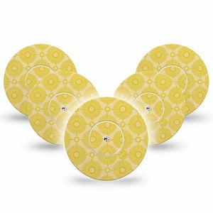 ExpressionMed Yellow Sundress Freestyle Libre and Libre 2 Plus Tape, Abbott Lingo, 5-Pack Tape and 5-Pack Sticker Golden Ornamental Sunbursts, Fixing Ring Tape Continuous Glucose Monitor Design