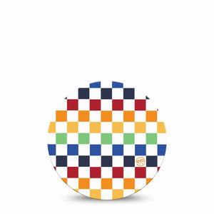 ExpressionMed Rainbow Checkerboard Freestyle Libre and Libre 2 Plus Overpatch, Abbott Lingo, Single Tape Summer-Themed Checkered Print, Fixing Ring Patch CGM Design