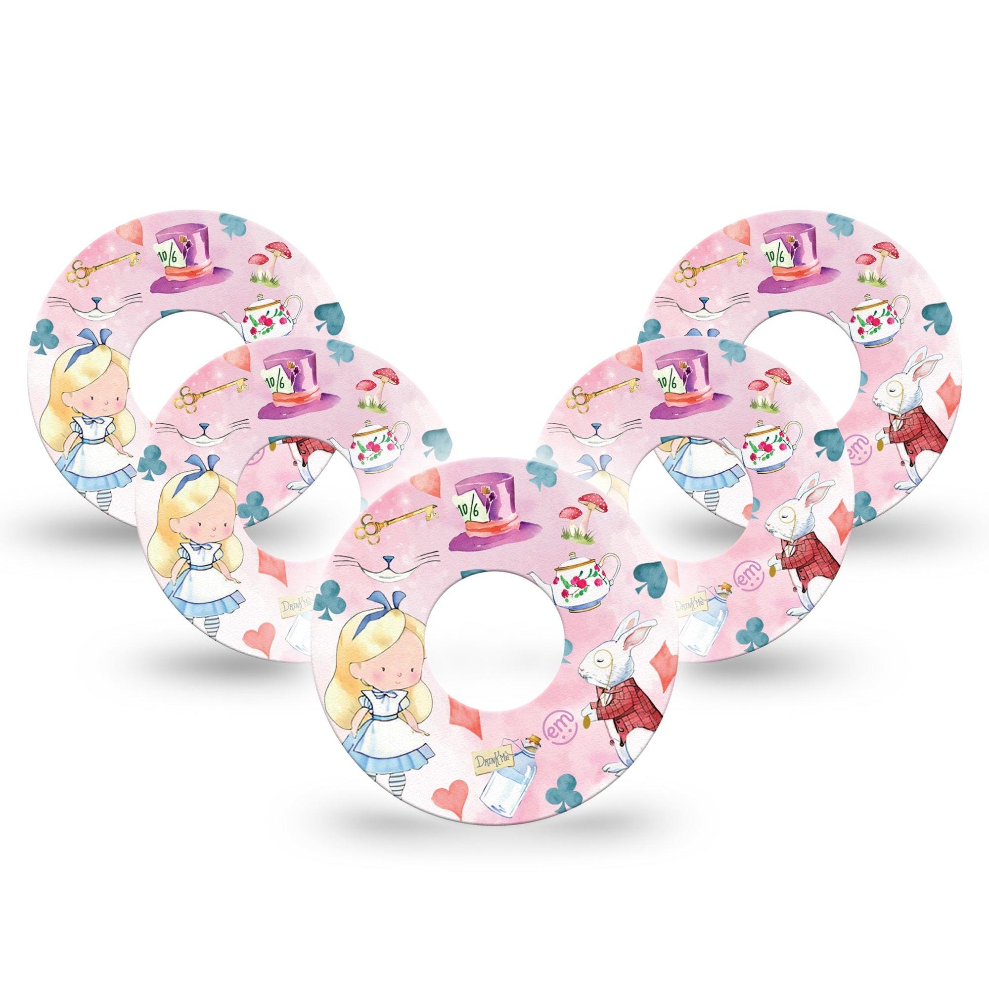 ExpressionMed Alice in Wonderland Infusion Set Tape 10-Pack Tape Cute Pink Fairytale, Overlay Patch Continuous Glucose Monitor Design