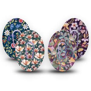 ExpressionMed Dusk Petals Variety Pack Dexcom G6 Sticker 4-Pack Tape and 4-Pack Sticker Variety Navy And Purple Flowery Designs Decorative Decal CGM Design