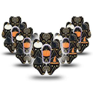 ExpressionMed Art Deco Halloween Dexcom G6 Flower Shape Tape, 5-Pack Tape and 5-Pack Sticker Halloween Pumpkins Witch Hats, Adhesive Patch Continuous Glucose Monitor Design