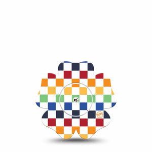 ExpressionMed Rainbow Checkerboard Freestyle Libre 2 and Libre 2 Plus Flower Shape Tape, Abbott Lingo,  Single Tape and Single Sticker Grid Checkered Rainbow, Fixing Ring Tape CGM Design