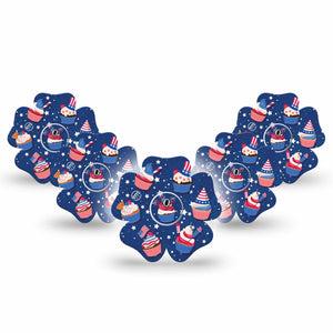 ExpressionMed Patriotic Cupcakes Freestyle Libre 3 and Libre 3 Plus Flower Shape Tape 5-Pack Tape and 5-Pack Sticker American Cupcakes, Overlay Tape CGM Design