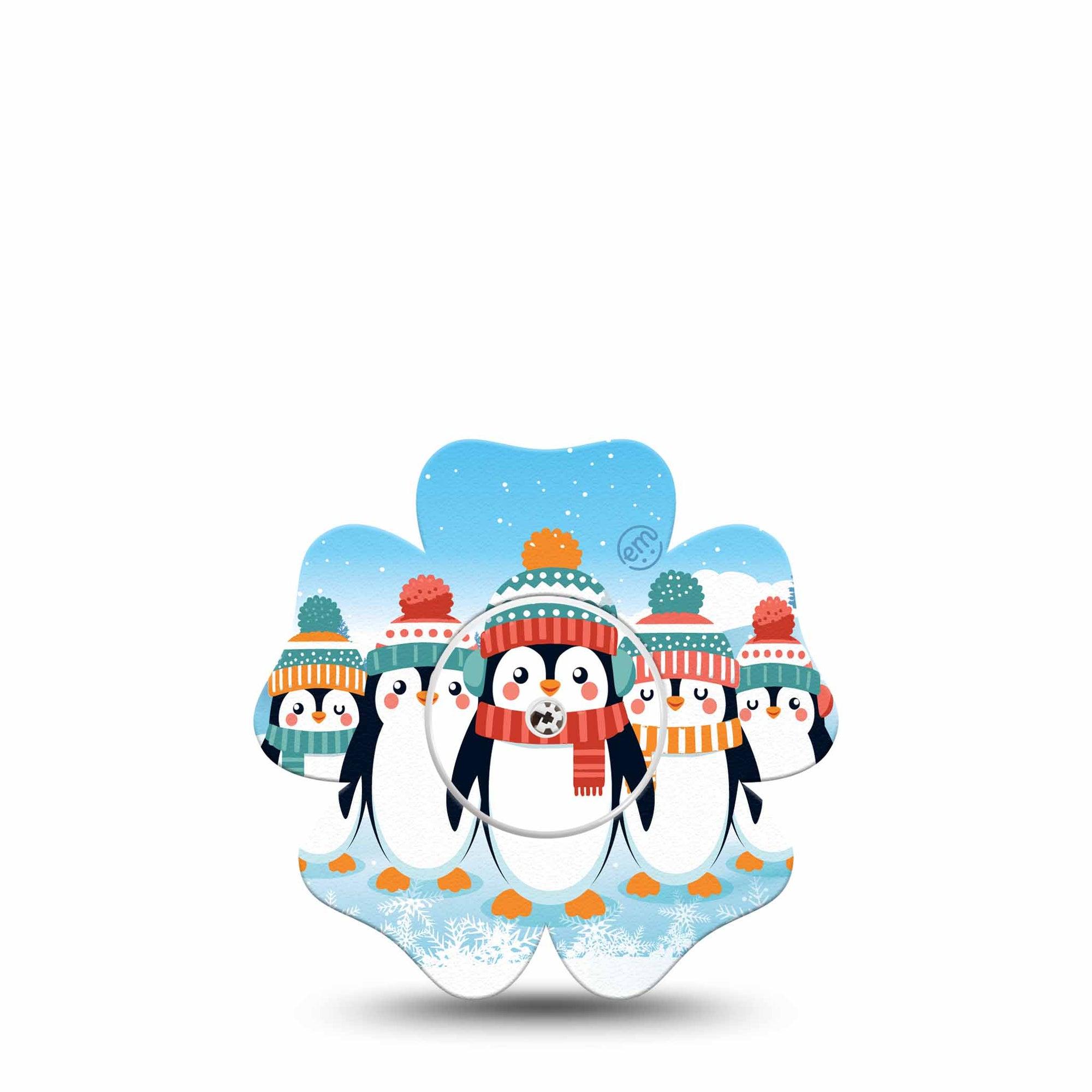 ExpressionMed Penguins In Row Freestyle Libre 2 Flower Shape Tape, Abbott Lingo,  Single Tape and Single Sticker Christmas Time Penguins, Fixing Ring Tape CGM Design