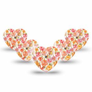 ExpressionMed Peach Dusk Freestyle Libre 3 and Libre 3 Plus Heart Shape Tape, 5-Pack Tape and 5-Pack Sticker Peachy Florals, Patch CGM Design