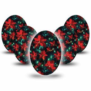ExpressionMed Christmas Floral Medtronic Guardian Enlite Universal Oval, 5-Pack Tape Festive Poinsettia, Plaster CGM Design
