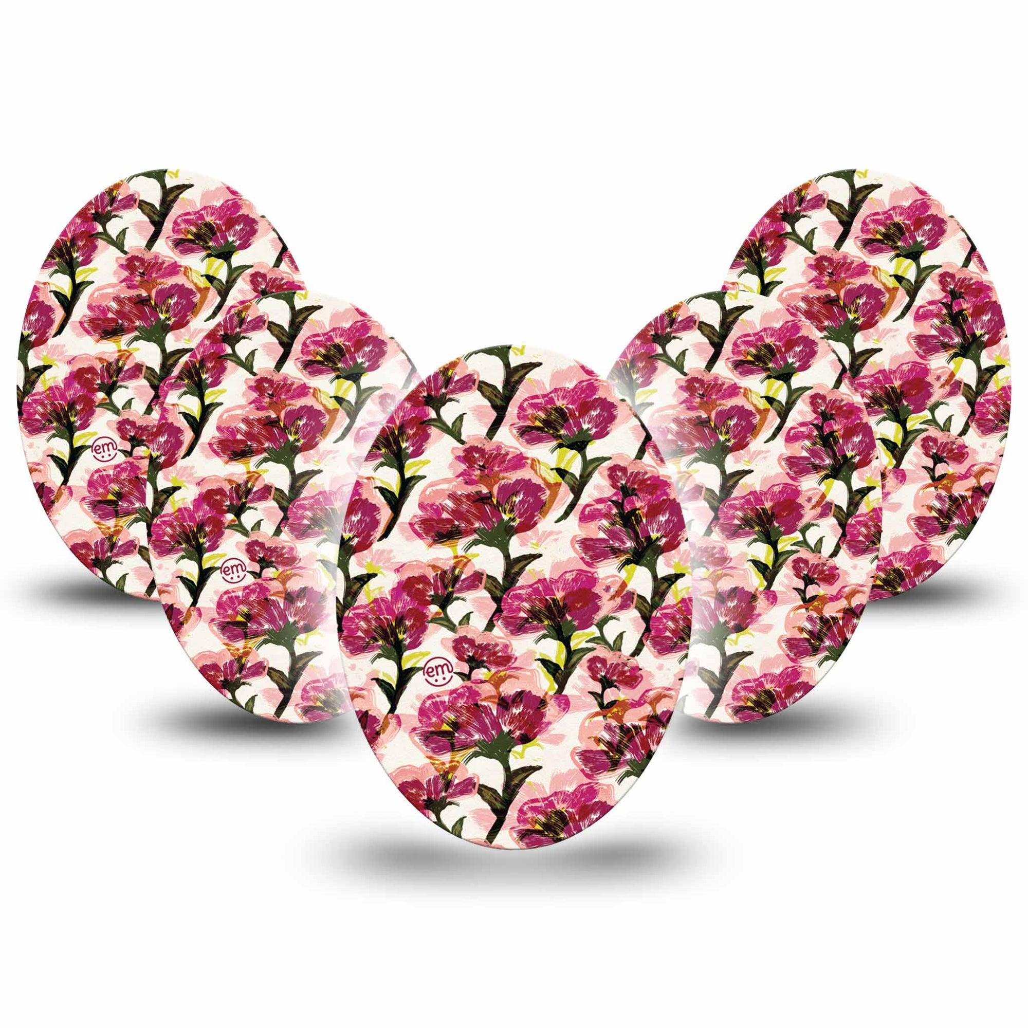 ExpressionMed Maroon Flowers Medtronic Guardian Enlite Universal Oval, 5-Pack Tape Overlapping Flower Petals, Plaster CGM Design