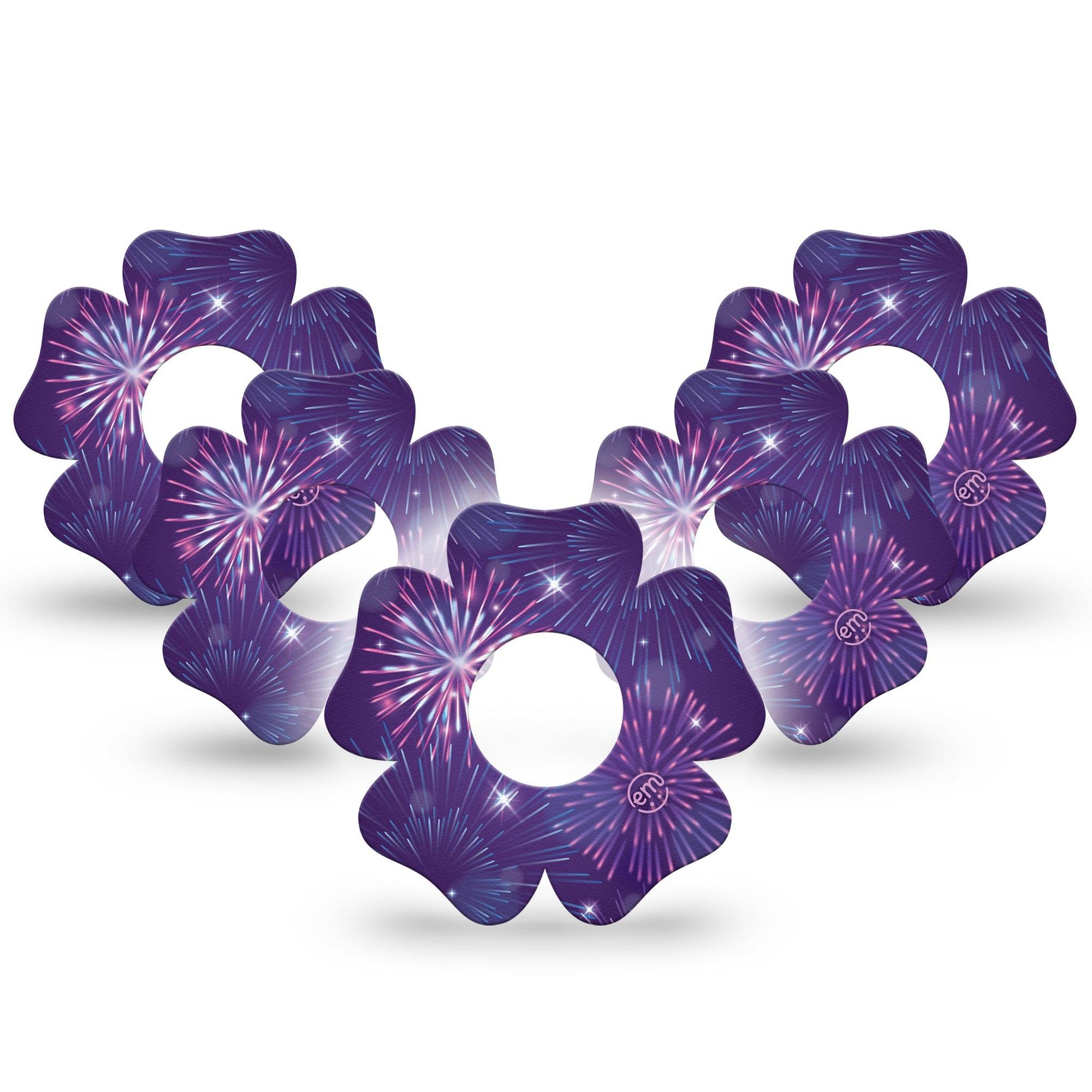 ExpressionMed New Years Celebration Infusion Set Flower Shape Tape 10-Pack Tape Purple Firework Celebration, Plaster Continuous Glucose Monitor Design