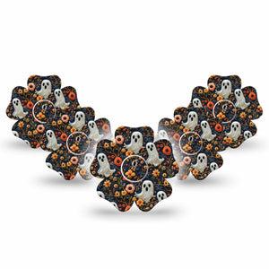 ExpressionMed Embroidered Ghost Freestyle Libre 3 and Libre 3 Plus Flower Shape Tape 5-Pack Tape and 5-Pack Sticker Cute Spooky Embroidery, Plaster CGM Design