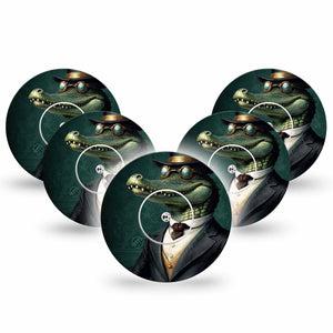 ExpressionMed Dapper Alligator Freestyle Libre and Libre 2 Plus Tape, Abbott Lingo, 5-Pack Tape and 5-Pack Sticker Stylish Alligator Guy, Fixing Ring Tape Continuous Glucose Monitor Design