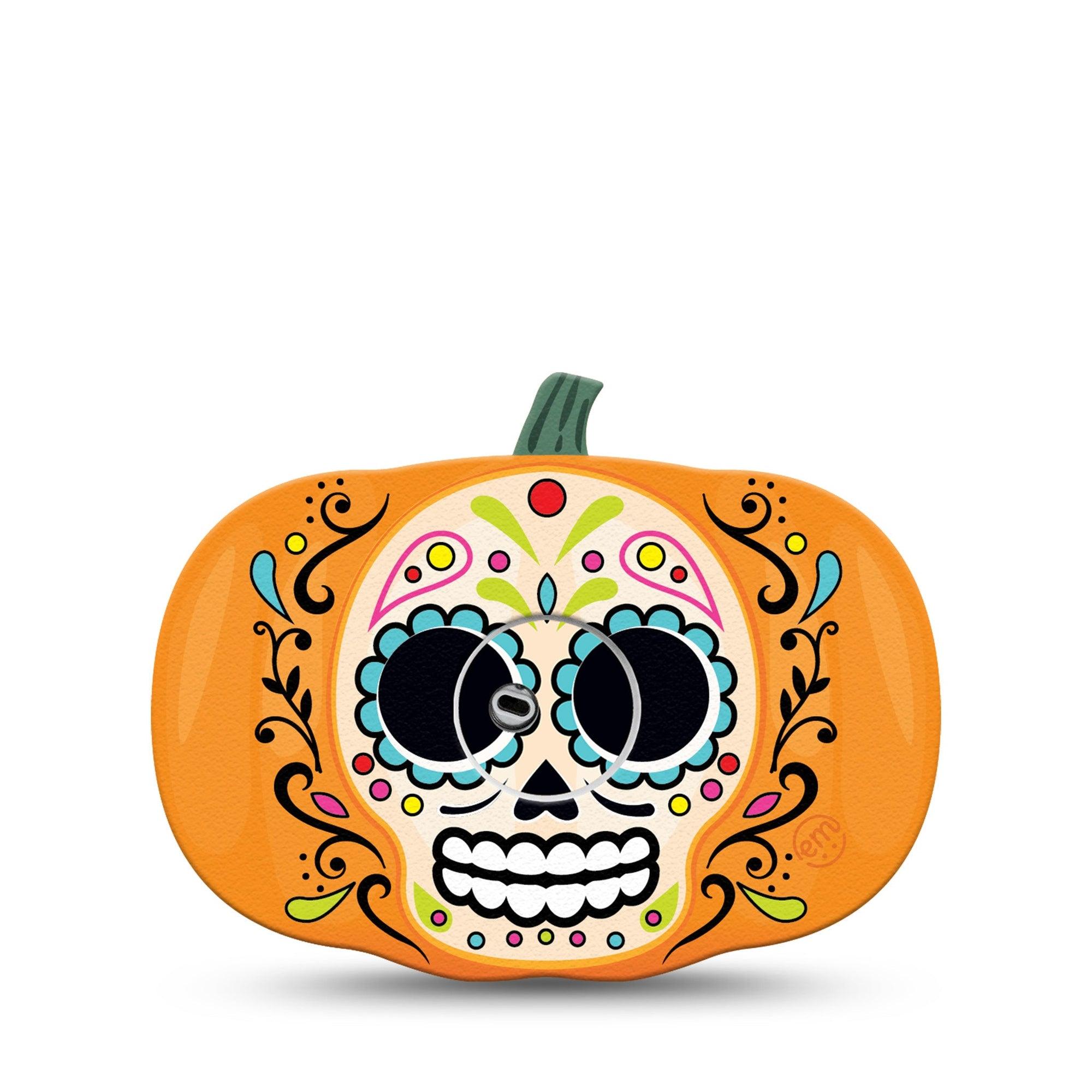 ExpressionMed Sugar Skull Pumpkin Freestyle Libre 3 Sticker and Tape Vibrant Day of the Dead Holiday Vinyl Sticker and Tape Pairing CGM Design