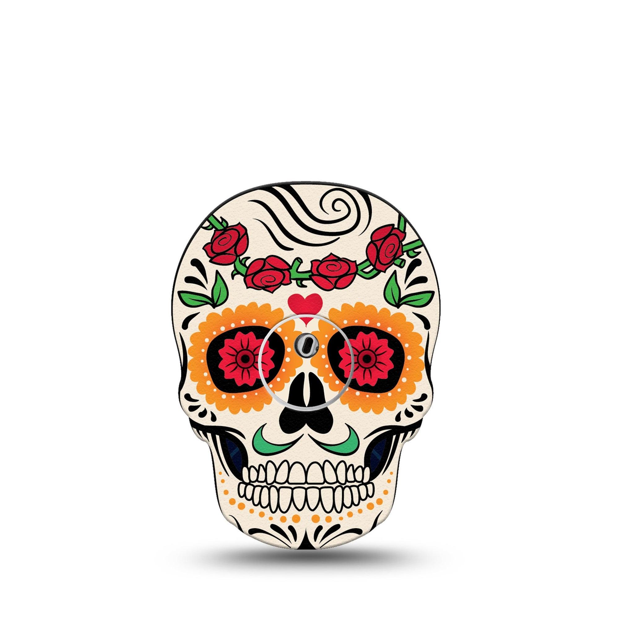 ExpressionMed Dia De Los Muertos Freestyle Libre 3 Skull Shape Tape Single Tape and Single Sticker Colorful Skull Patch CGM Design