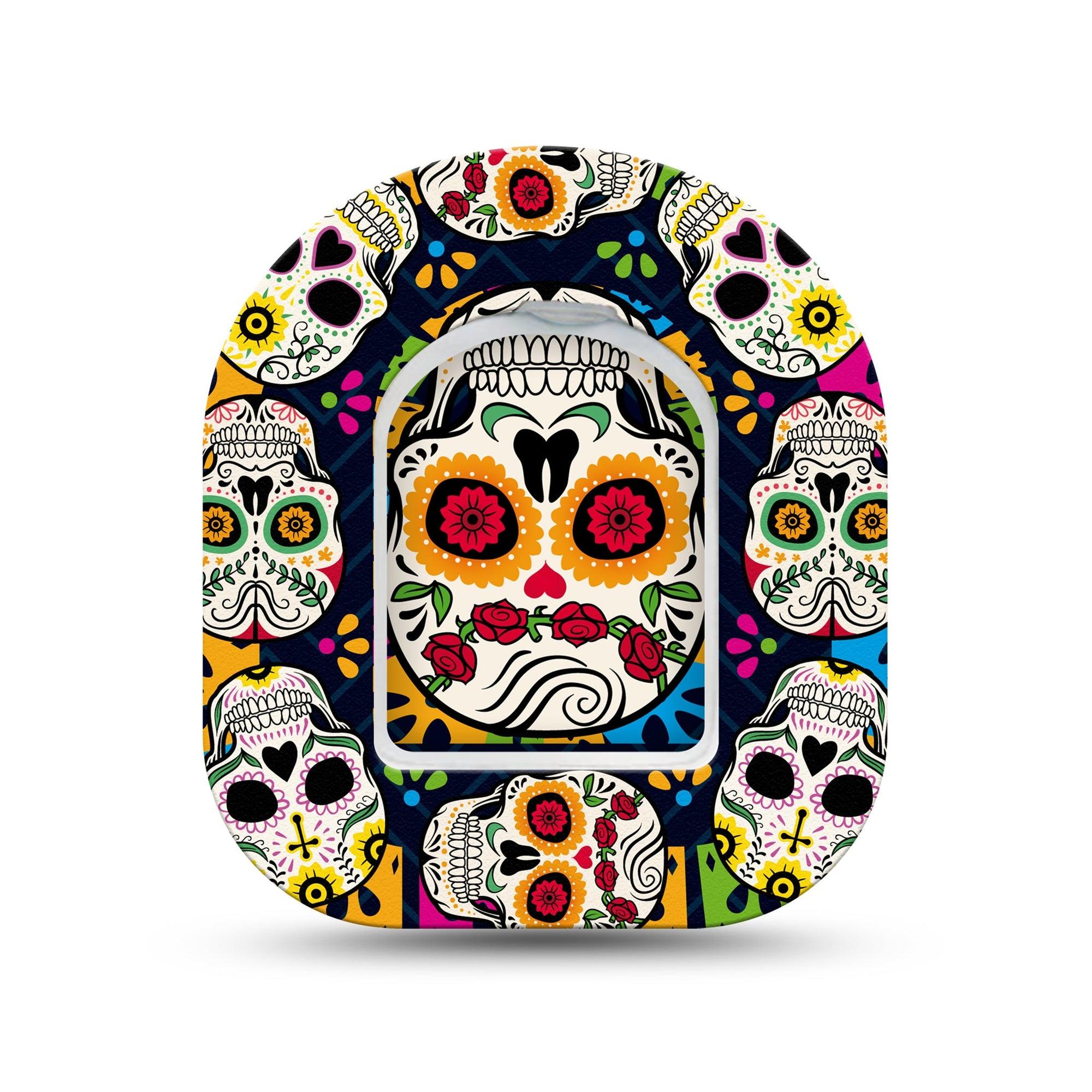 ExpressionMed Dia De los Muertos Omnipod Surface Center Sticker and Mini Tape Brightly Colored Sugar Skull Vinyl Sticker and Tape Design Pump Design