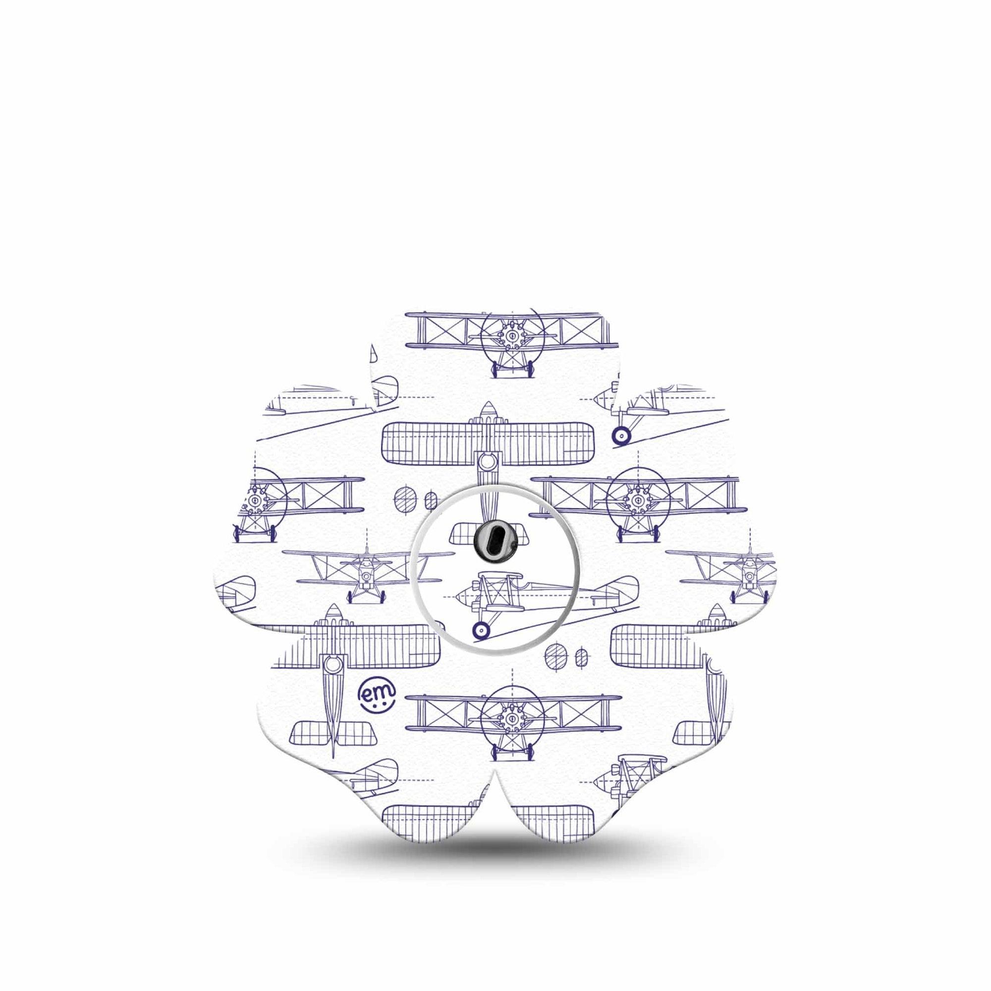 ExpressionMed Airplane Freestyle Libre 3 and Libre 3 Plus Flower Shape Tape, Single Tape and Single Sticker Plane Illustration Print, Overlay Tape CGM Design