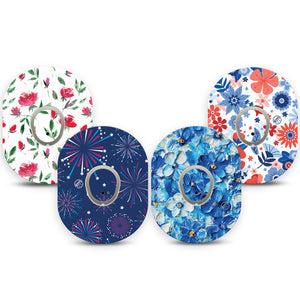 ExpressionMed Red, White & Bloom Variety Pack Dexcom G7 Sticker and Tape, Dexcom Stelo Glucose Biosensor System,  Fireworks and Flowers, Vinyl Sticker and Tape Pairing Continuous Glucose Monitor Design
