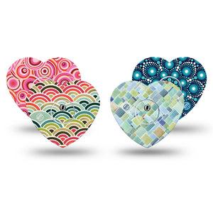 ExpressionMed Unique Prints Variety Pack Freestyle Libre 3 Heart Shape Tape 4-Pack Tape and 4-Pack Sticker Variety Intense Neon Inspired Geo Prints Patch CGM Design