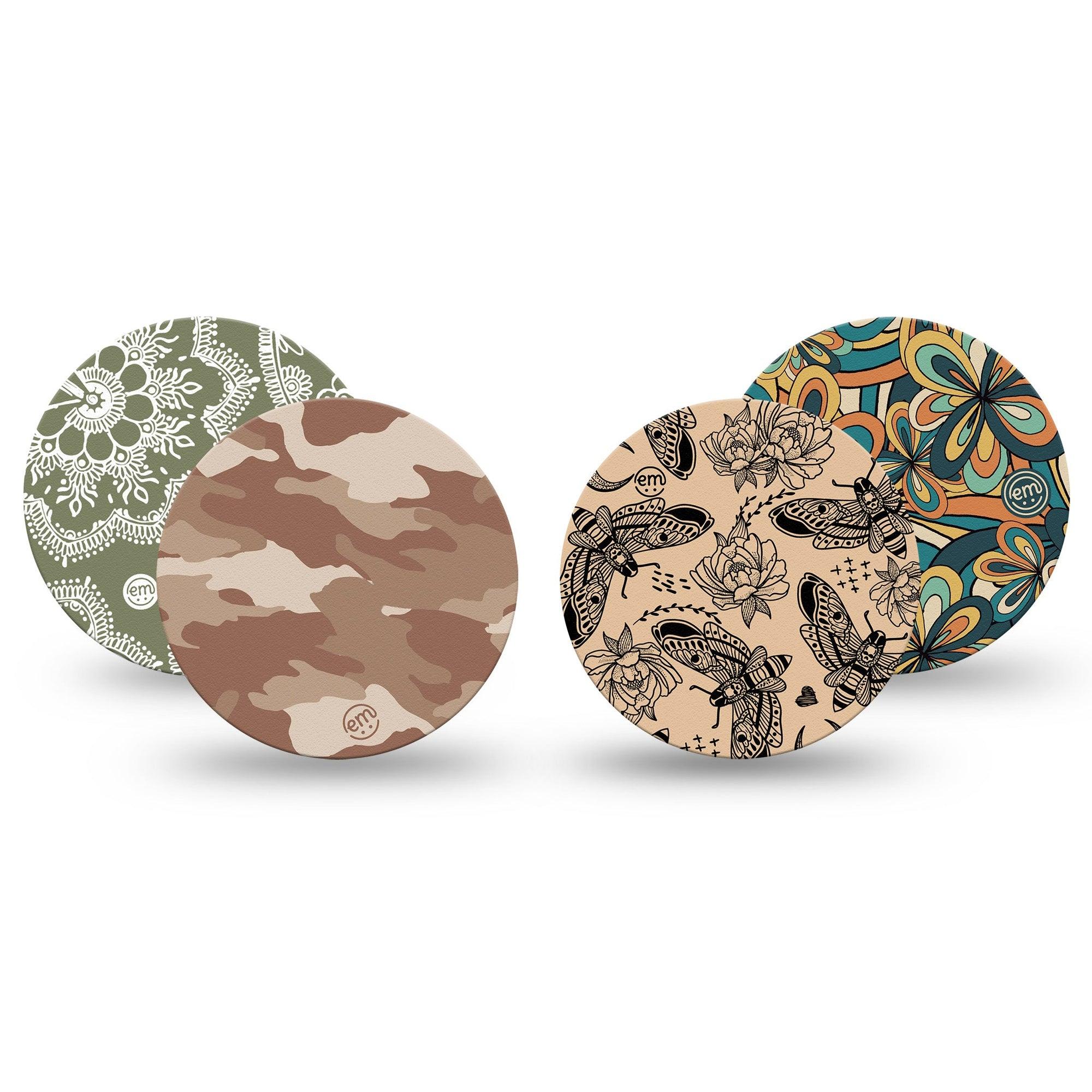 ExpressionMed Khaki Florals Variety Pack Freestyle Libre 3 and Libre 3 Plus Overpatch 4-Pack Tape Variety Camel-Toned Camo and Moth Print, Adhesive Patch CGM Design