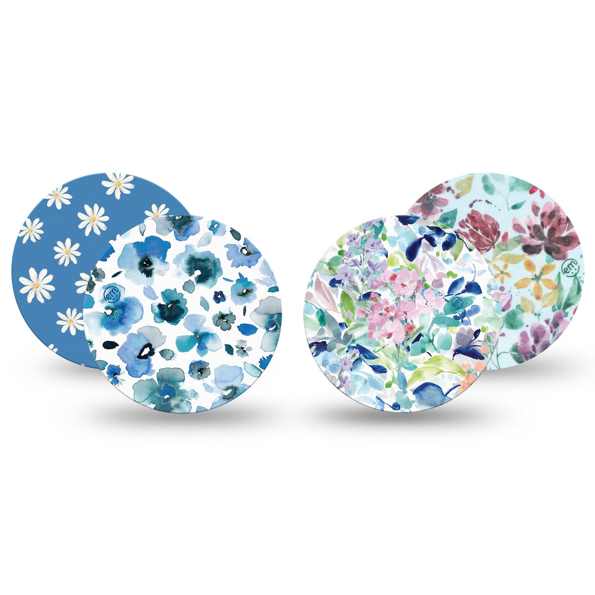 ExpressionMed Sky Blue Garden Variety Pack Freestyle Libre Overpatch, Abbott Lingo, 4-Pack Variety Mix of Light Blue Florals Fixing Ring Patch CGM Design