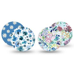 ExpressionMed Sky Blue Garden Variety Pack Freestyle Libre Overpatch, Abbott Lingo, 4-Pack Variety Mix of Light Blue Florals Fixing Ring Patch CGM Design