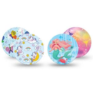 ExpressionMed Mythical Magic Variety Pack Freestyle Libre and Libre 2 Plus Overpatch, Abbott Lingo, 4-Pack  Tape Variety Mermaid Magical Inspired, Fixing Ring Patch CGM Design