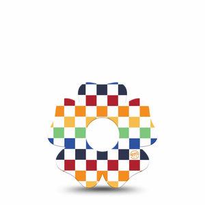 ExpressionMed Rainbow Checkerboard Freestyle Libre 3 and Libre 3 Plus Flower Shape Tape Single Tape Grid Checkered Rainbow, Overlay Tape CGM Design