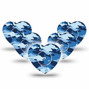 ExpressionMed Blue Camo Freestyle Libre 2 and Libre 2 Plus Heart Shape Tape, Abbott Lingo, 5-Pack Tape and 5-Pack Sticker Camo Print Plaster CGM Design