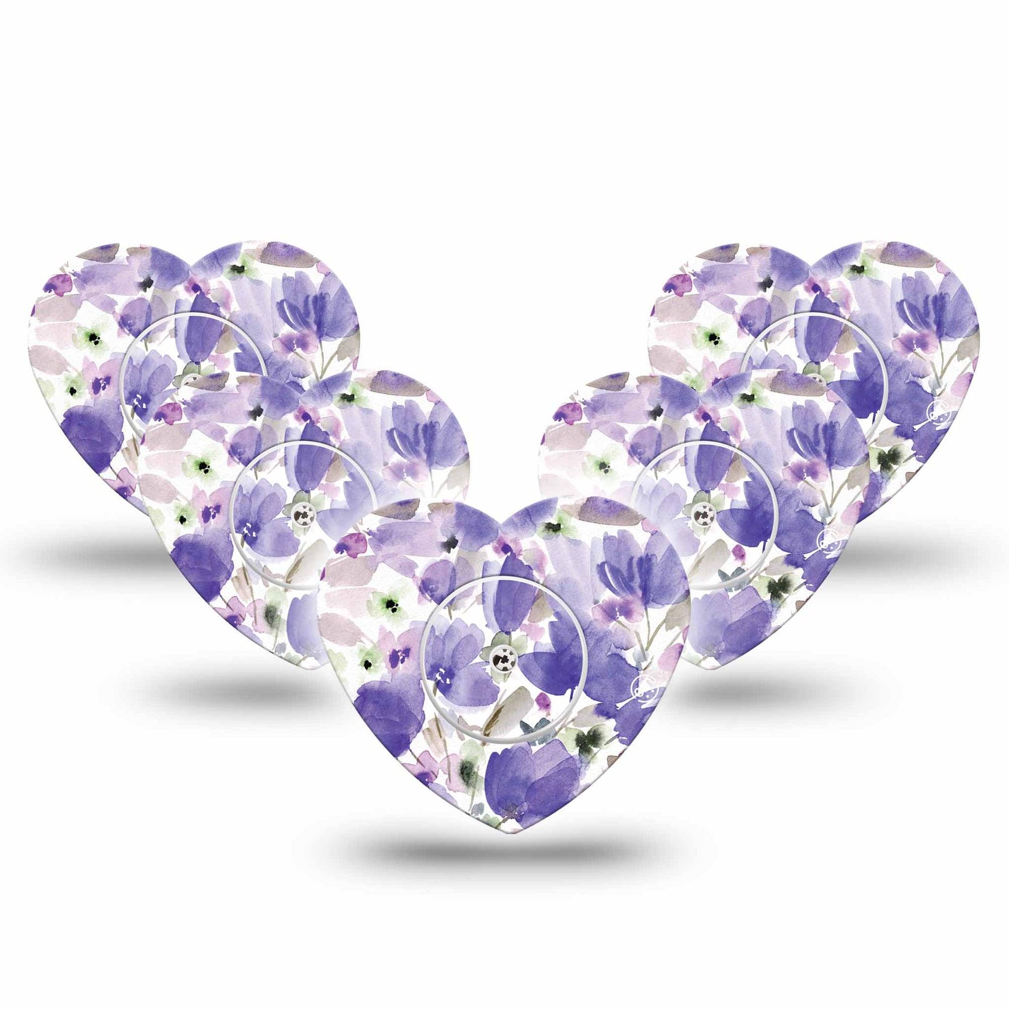 ExpressionMed Italian Blooms Freestyle Libre 2 Heart Shape Tape, Abbott Lingo,  5-Pack Tape and 5-Pack Sticker Soft Painted Bright Purple Flowers Adhesive Patch CGM Design