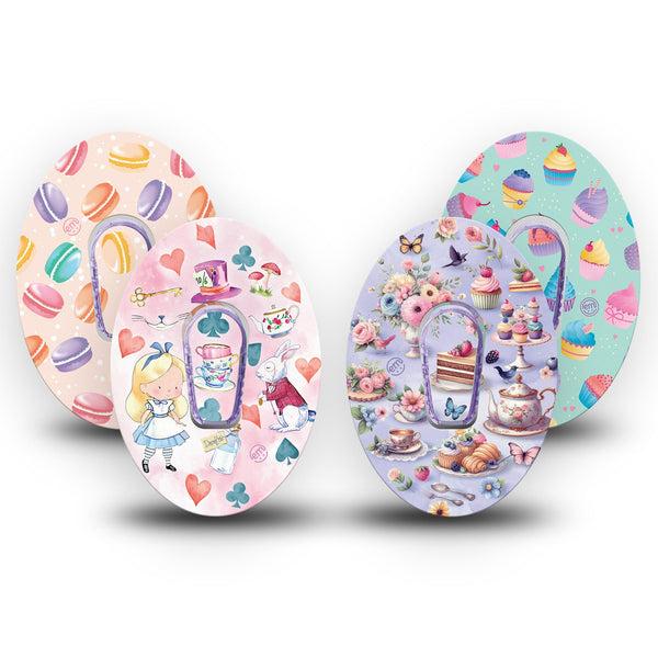 ExpressionMed Mad Hatter's Delight Variety Pack Dexcom G6 Tape 4-Pack Tape and 4-Pack Sticker Variety Cute Tea Cakes And Macaroons, Plaster Continuous Glucose Monitor Design