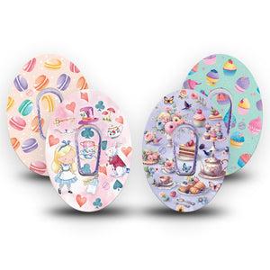 ExpressionMed Mad Hatter's Delight Variety Pack Dexcom G6 Tape 4-Pack Tape and 4-Pack Sticker Variety Cute Tea Cakes And Macaroons, Plaster Continuous Glucose Monitor Design