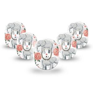 ExpressionMed Sweet Elephants Dexcom G7 and Dexcom Stelo Glucose Biosensor System Mini, 5-Pack Tape and 5-Pack Sticker adorable elephant style Sensor Cover for Continuous Glucose Monitor