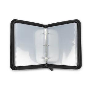 A black colored storage case designed like a photo book to keep all your ExpressionMed sensor patches organized and easy to find.