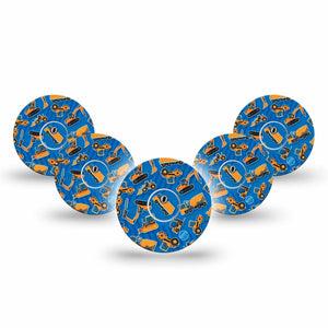 ExpressionMed Construction Trucks Freestyle Libre 3 and Libre 3 Plus Tape, 5-Pack Tape and 5-Pack Sticker Cartoon Trucks, Adhesive Tape Continuous Glucose Monitor Design