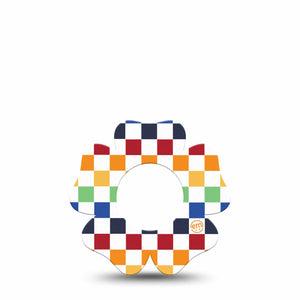 ExpressionMed Rainbow Checkerboard Freestyle Libre 2 and Libre 2 Plus Flower Shape Tape, Abbott Lingo, Single Tape Multicolored Checkerboard, Plaster CGM Design