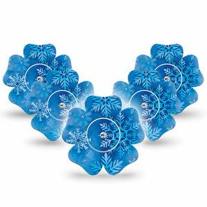 ExpressionMed Falling Snow Freestyle Libre 2 and Libre 2 Plus Flower Shape Tape, Abbott Lingo, 5-Pack Tape and 5-Pack Sticker Blue Crystals, Plaster CGM Design