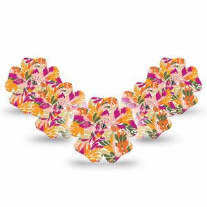 ExpressionMed Retro Brush Stroke Freestyle Libre 3 and Libre 3 Plus Flower Shape Tape 5-Pack Tape and 5-Pack Sticker Jewel-Toned Paint Strokes, Overlay Tape CGM Design