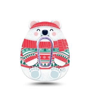 ExpressionMed Cozy Polar Bear Dexcom G6 Gumdrop Shape Tape, Single Tape and Single Sticker Green and Red Xmas Polar Bear, Overlay Patch CGM Design