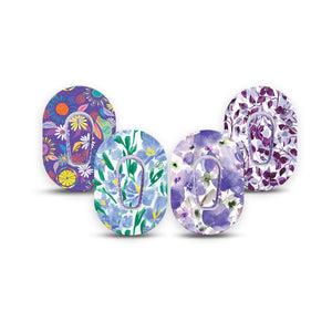 ExpressionMed Twilight Garden Variety Pack Dexcom G6 Mini Tape 4-Pack Tape and 4-Pack Sticker Shades of Blue Lilac Flowers Adhesive Tape CGM Design