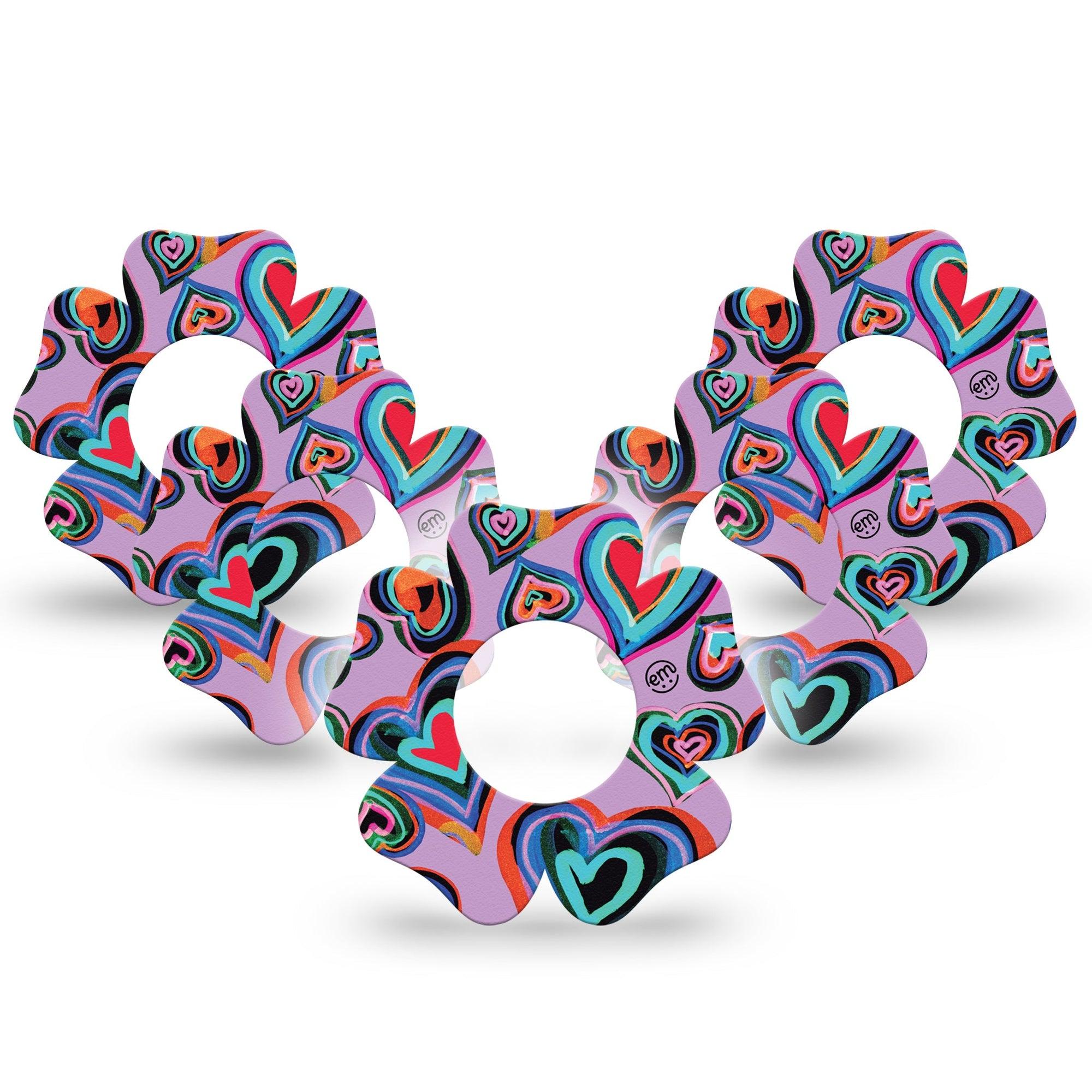 ExpressionMed Neon Hearts Freestyle Libre 2 and Libre 2 Plus Flower Shape Tape, Abbott Lingo,  5-Pack Tape Electric Glow, Fixing Ring Tape CGM Design