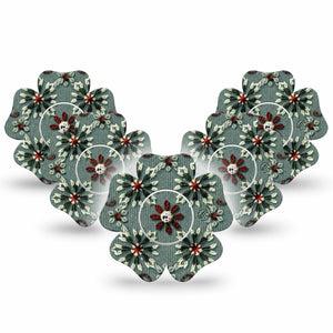 ExpressionMed Green Embroidery Freestyle Libre 2 and Libre 2 Plus Flower Shape Tape, Abbott Lingo,  5-Pack Tape and 5-Pack Sticker Embroidered Florals, Fixing Ring Tape CGM Design