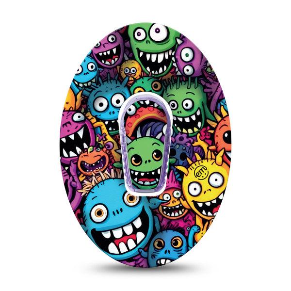ExpressionMed Funky Monsters Dexcom G6 Tape Single Tape and Single Sticker Bright Scary Fun Monsters, Plaster Continuous Glucose Monitor Design