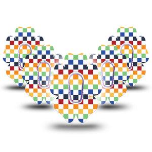 ExpressionMed Rainbow Checkerboard Dexcom G6 Flower Shape Tape 5-Pack Tape and 5-Pack Sticker Rainbow Grid Pattern, Adhesive Patch Continuous Glucose Monitor Design