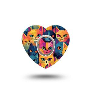 ExpressionMed Catorama Dexcom G7 Heart Shape Tape, Dexcom Stelo Glucose Biosensor System, Single Tape and Single Sticker Multicolored Kitten Artwork Overlay Patch CGM Design