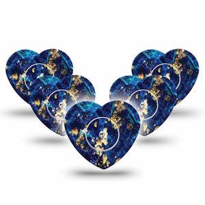 ExpressionMed Molten Midnight Freestyle Libre 2 Heart Shape Tape, Abbott Lingo, 5-Pack Tape and 5-Pack Sticker Melting Blue Gold Chevron, Adhesive Patch CGM Design