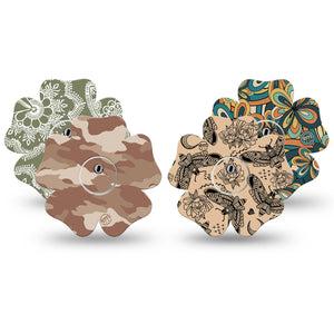 ExpressionMed Khaki Florals Variety Pack Freestyle Libre 3 and Libre 3 Plus Flower Shape Tape 4-Pack Tape and 4-Pack Sticker Variety Moody Floral Camo Moth Pattern, Overlay Tape CGM Design