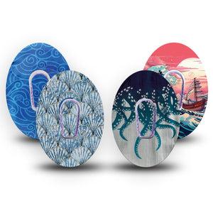 ExpressionMed Ocean Odyssey Variety Pack Dexcom G6 Tape, 4-Pack Tape and 4-Pack Stickers Variety Tentacles and Waves, Plaster Continuous Glucose Monitor Design
