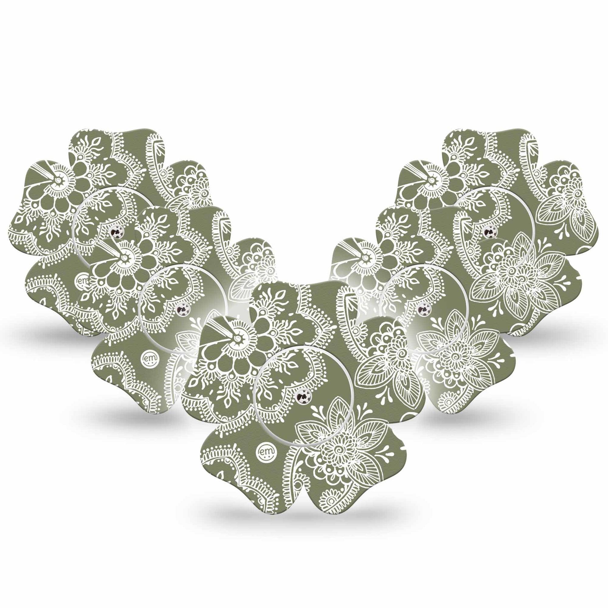 ExpressionMed Olive Henna Freestyle Libre 2 and Libre 2 Plus Flower Shape Tape, Abbott Lingo,  5-Pack Tape and 5-Pack Sticker Natural Dye, Fixing Ring Tape CGM Design