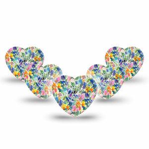 ExpressionMed Summer Fling Freestyle Libre 3 and Libre 3 Plus Heart Shape Tape, 5-Pack Tape and 5-Pack Sticker Brushstroke Garden, Patch CGM Design