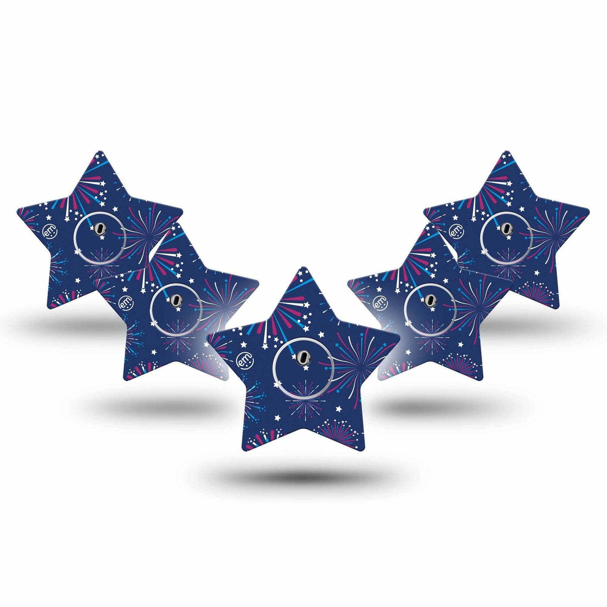 ExpressionMed Night Sky Celebration Freestyle Libre 3 Star Shape Tape 5-Pack Tape and 5-Pack Sticker Patriotic Firework Display Patch CGM Design